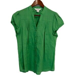 Allison Taylor Blouse Women M Green Linen Pleating Fitted Button Up Preppy Comfy